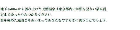 地下1500mから汲み上げた天然温泉は東京都内では類を見ない最良質